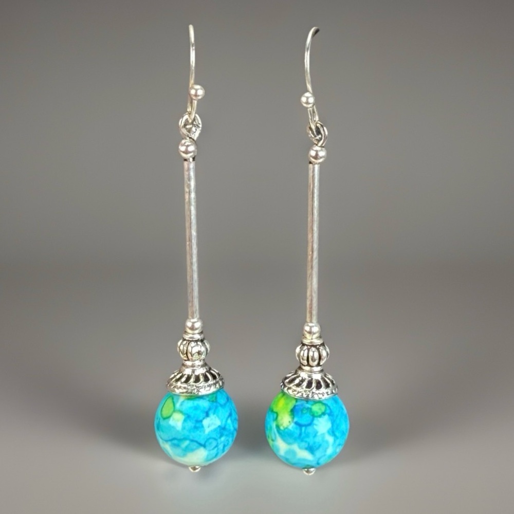 Sterling Silver Drop Earrings with Blue-Green Marble Beads